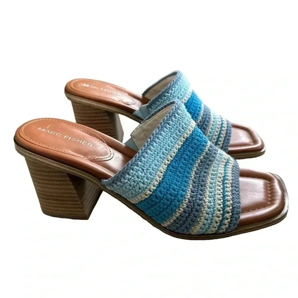 Marc Fisher NEW Marnett Boho Woven Sqaure Toe Block Heel Sandal Blue & Cream 10